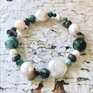 Genuine Turquoise, Freshwater Pearl Shell Bracelet